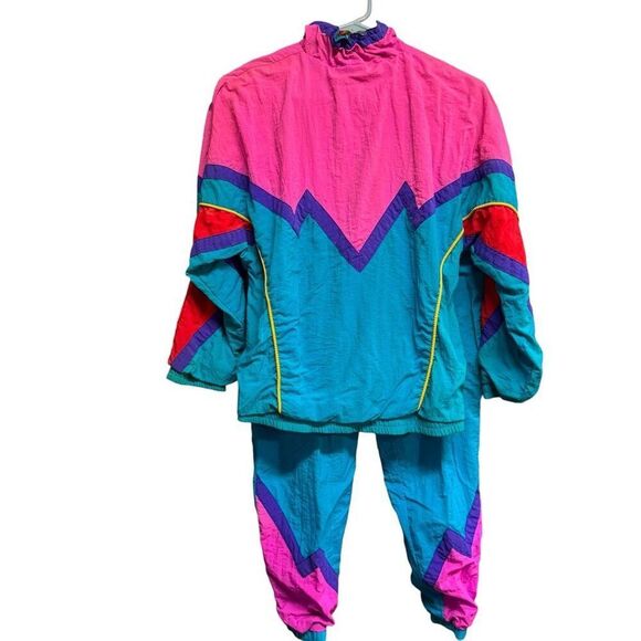 VTG 80s/90s Windbreaker Tracksuits Pink/Blue Jacket & Pants Set girls size 14 - Picture 6 of 16